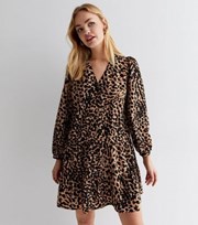 New Look Brown Leopard Print Button Front Tiered Long Sleeve Mini Dress